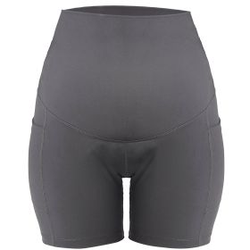 Women Maternity Shorts Seamless Pregnancy Underwear Shapewear Fitness Yoga Running Shorts High Waist Over The Belly Pants with Two Side Pockets (Color: Gray, size: large)
